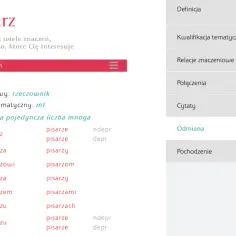 Fragment strony internetowej z hasłem "pisarz", jego odmianą i menu bocznym.